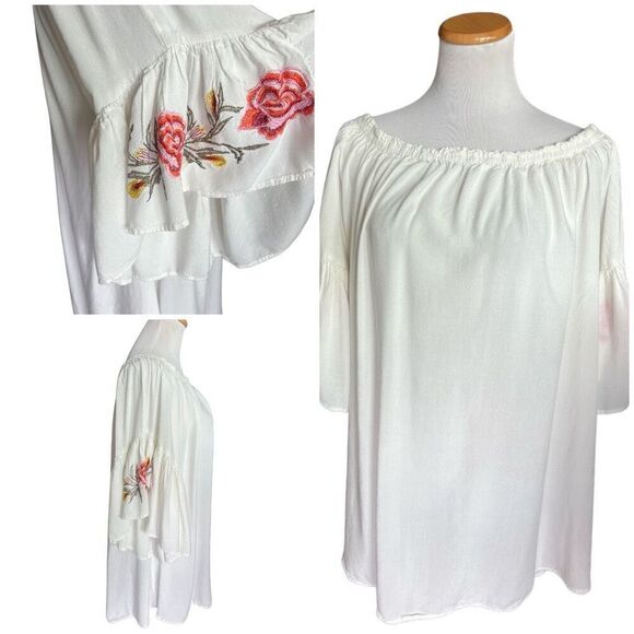 Womens Feathers Floral Embroidered Flutter Sleeve Flowy Off Shoulder Top  Sz 2X - Picture 1 of 4